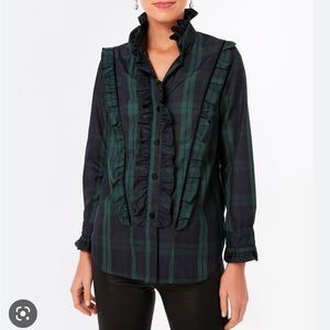 Tuckernuck Blackwatch Plaid Ruffle Reagan Button Down Medium NWT Green Black